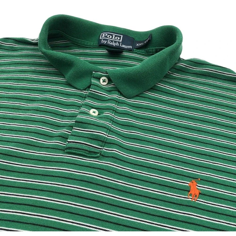 VTG‎ Polo Ralph Lauren Polo Shirt Mens XXL Green Stripe ORANGE PONY 90s Preppy